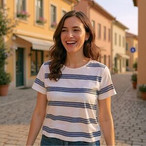 🆕Sandwich_ Striped Navy, Light blue & White short sleeve tee 💙🤍🩵